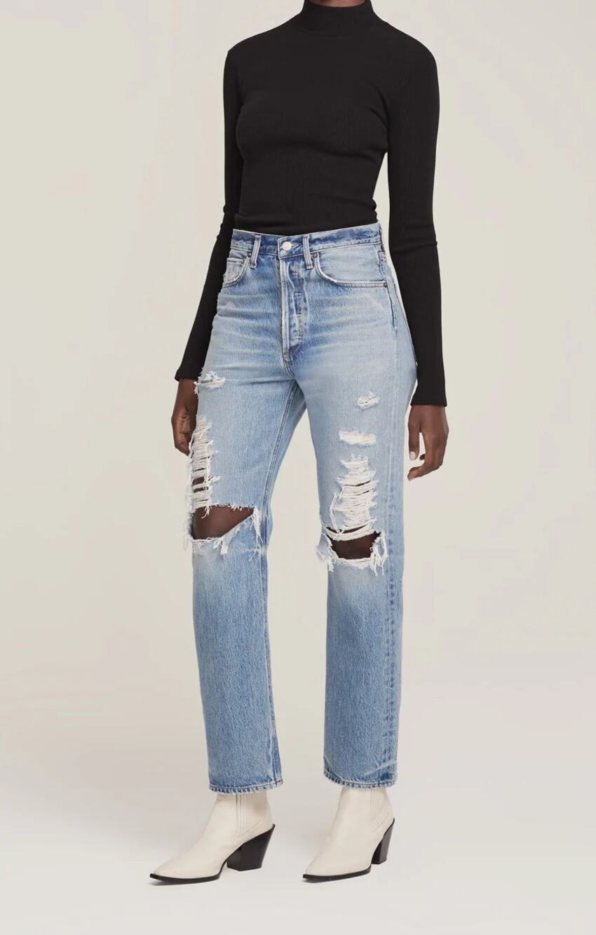 Agolde 90’s Mid-Rise Pinch Waist Distressed Straight Jeans Blue Women's Size 28